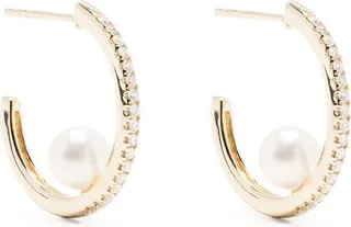 14kt Yellow Gold Diamond Pearl Hoop Earrings