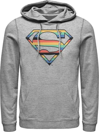 Men's Superman Logo Retro Stripe Pull Over Hoodie - Athletic Heather - X Large