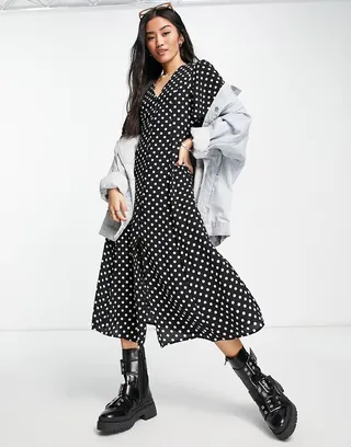 ASOS DESIGN button through tie back midi tea dress with angel sleeves in mono spot print