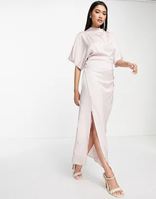 ASOS DESIGN high neck grown on sleeve biased satin midi dress in Oyster