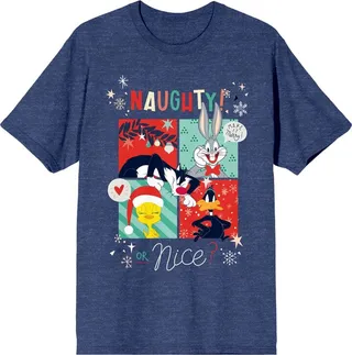 Looney Tunes Characters Naughty or Nice Women’s Navy Heather Graphic Tee-3XL