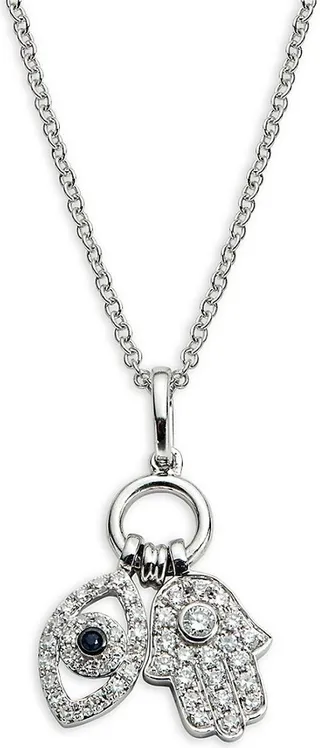 14K White Gold Diamond & Sapphire Evil Eye & Hamsa Charm Necklace