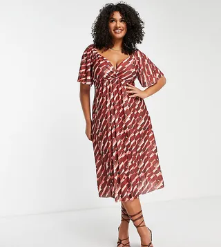 ASOS DESIGN Curve pleated twist back cap sleeve midi dress in abstract smudge print