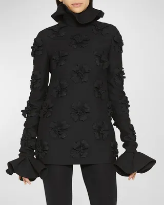 Flower-Applique Ruffle Turtleneck Mini Dress