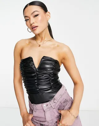 ASOS DESIGN ruched leather look bodysuit in black