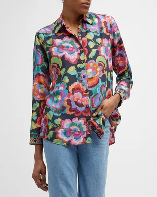 Calanthe Floral-Print Silk Button-Down Shirt