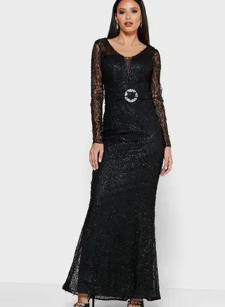 Embllished Lace Belted Maxi Dress