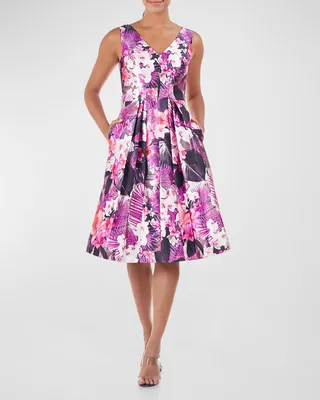 Pleated Floral-Print Mikado Midi Dress
