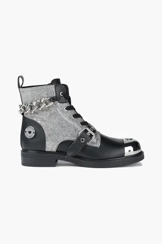 Embellished felt-paneled leather combat boots