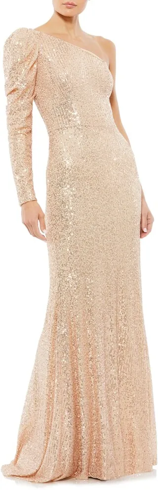 One-Shoulder Long Sleeve Sequin Trumpet Gown