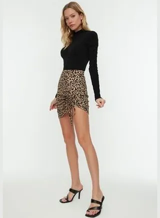 Multi-colored Printed Shirred Detail Fitted/Simple High Waist Mini Stretch Knitted Skirt TWOSS21ET0294