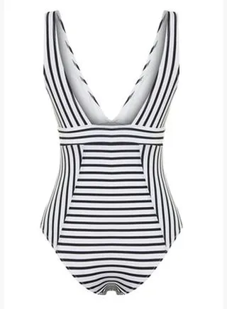 Black and White Striped V-Neck Compression Swimsuit TBESS24MA00072
