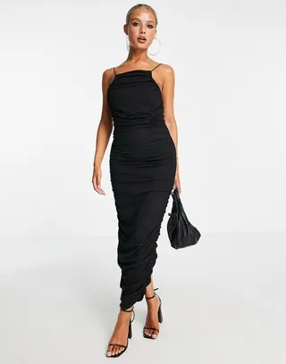 ASOS DESIGN high neck ruched midi dress in black