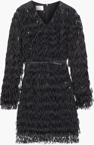 Belted fringed sequined tulle mini dress