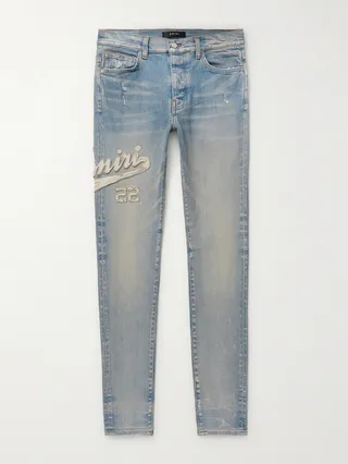 Varsity Skinny-Fit Leather-Appliquéd Jeans