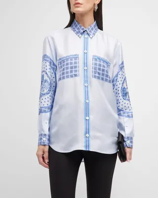 Ivanna Silk Button-Front Blouse with Check Print Detail