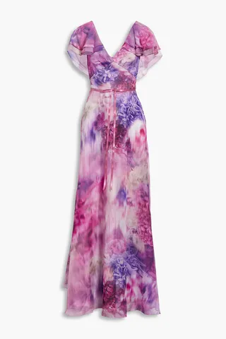 Cape-effect bow-embellished floral-print chiffon gown