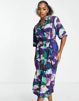 Monki tie waist shirt dress in abstract print