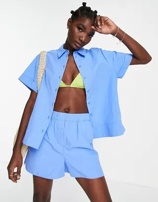 Topshop short sleeve tech boxy shirt in cobalt - part of a set