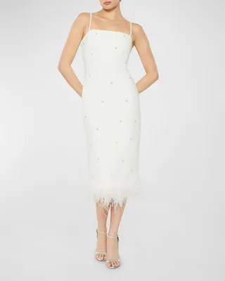 Electra Embellished Feather-Hem Midi Dress