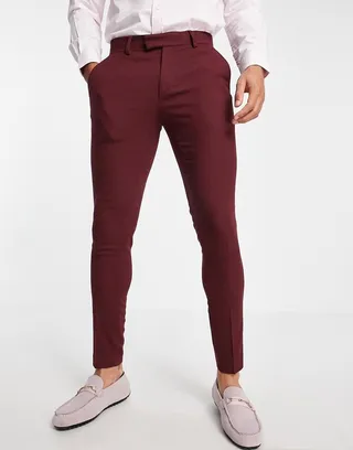 ASOS DESIGN wedding super skinny suit pants in burgundy micro texture