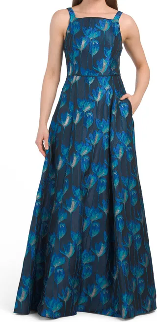 Square Neck Floral Jacquard Gown With Full Skirt
