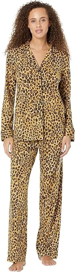 LAUREN Ralph Lauren Knit Long Sleeve Notch Collar Long PJ Set (Leopard) Women's Pajama Sets