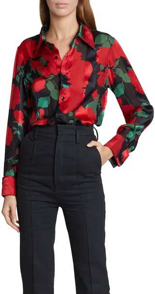 Rose-Print Silk Button-Down Top