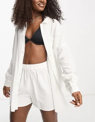 ASOS DESIGN textured button down beach shirt in white