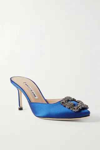 Manolo Blahnik - Hangisimu 70 Embellished Satin Mules - Blue