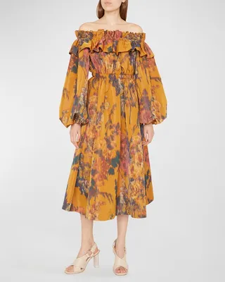 Adelina Off-the-Shoulder Midi Ruffle Dress