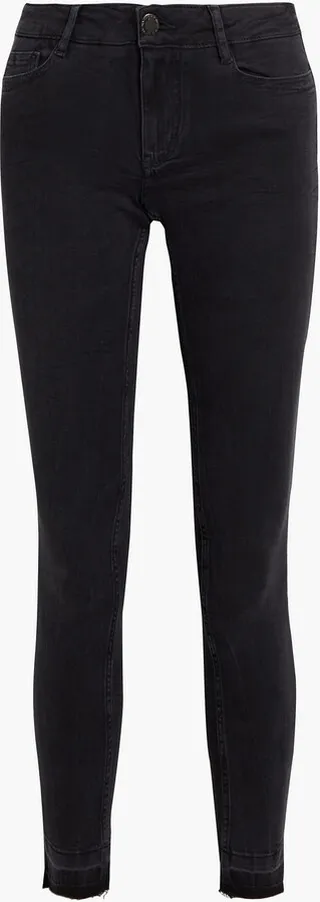Embroidered frayed low-rise skinny jeans