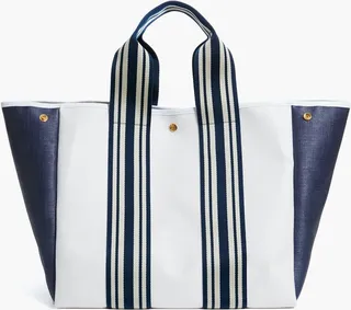 White and Navy Traversee L Fine Straw Tote