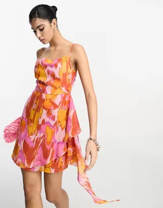 ASOS DESIGN soft cowl mini sundress with asymmetric hem in pink tie dye