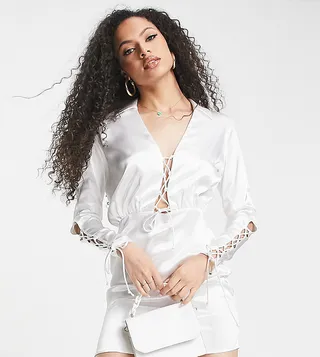 ASYOU satin lace up shirt dress in white