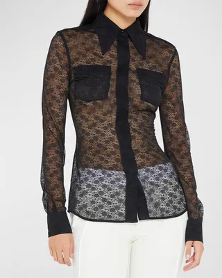 Monogram Floral Lace Fitted Collared Shirt