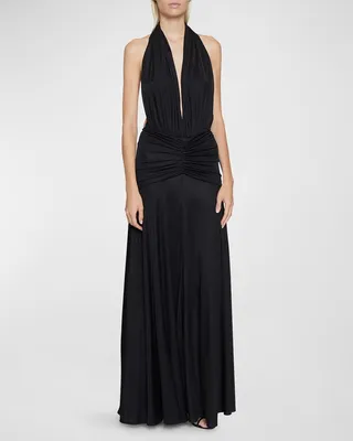 Open-Back Plunge Halter Gown