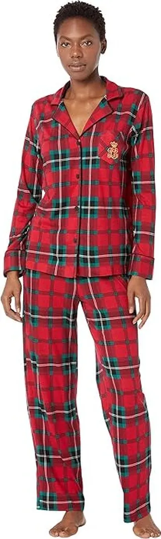 LAUREN Ralph Lauren Petite Knit Long Sleeve Notch Collar Long PJ Set (Red Plaid) Women's Pajama Sets