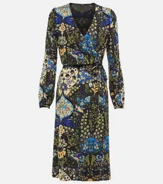Printed wrap wool-blend midi dress