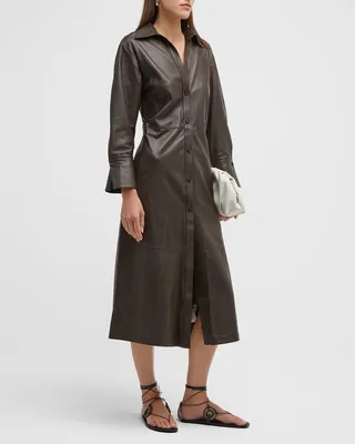 Button-Front Leather Midi Shirtdress