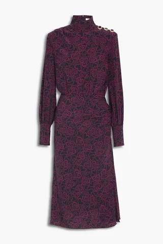 Mazie button-detailed ruched printed silk dress
