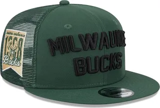 Men's New Era Hunter Green Milwaukee Bucks Stacked Script 9Fifty Trucker Snapback Hat