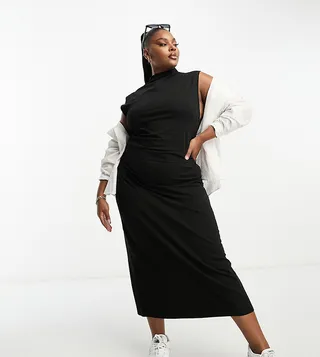 ASOS DESIGN Curve grown on neck with ruched side midi dress in black