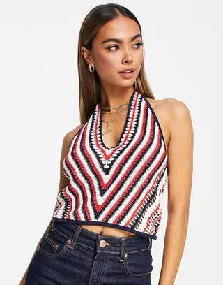 & Other Stories cotton crochet halter neck top in stripe