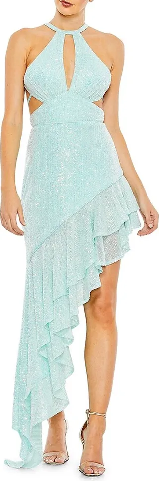 Ruffle Sequin Halter Dress