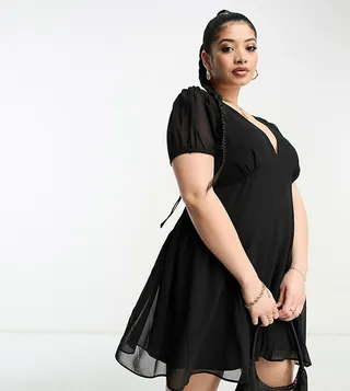 ASOS DESIGN Curve short sleeve v-neck chiffon mini dress in black