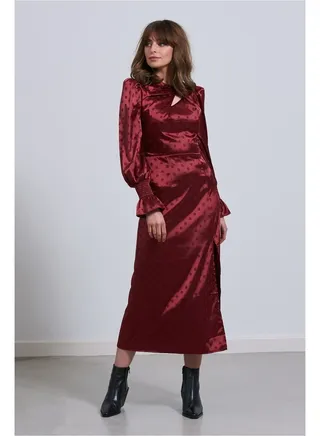 Little Mistress Berry Satin Polka Print Midi Dress
