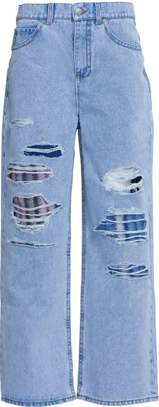 Distressed Knit-Layered Wide Jeans