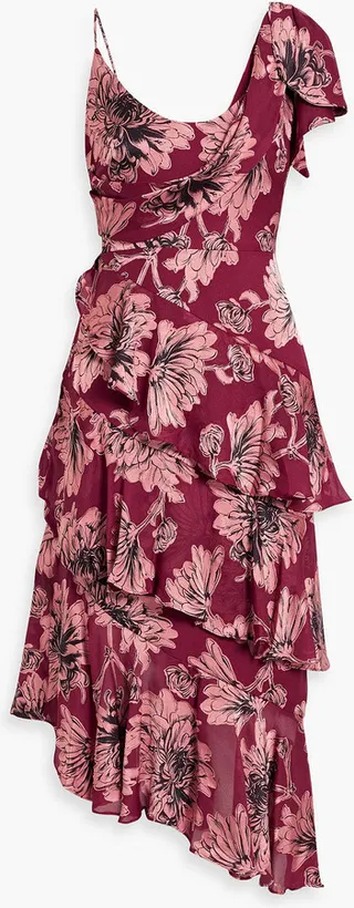 Asymmetric tiered floral-print fil coupé chiffon midi dress