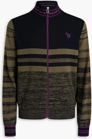 Space-dyed striped cotton-blend zip-up sweater